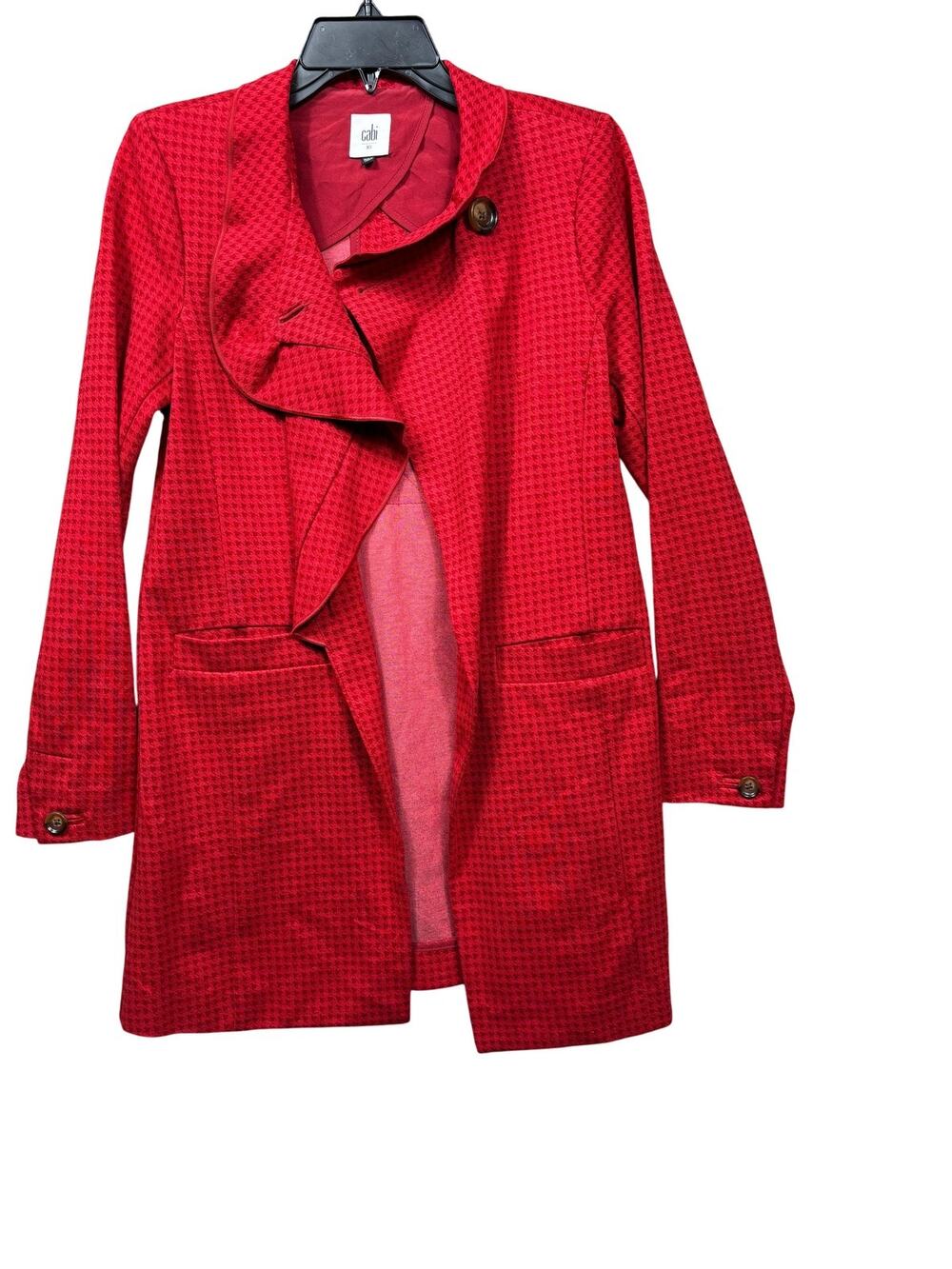 CAbi Coatigan Jacket Womens XS Red Check Knit Ruffle Collar Button Lined